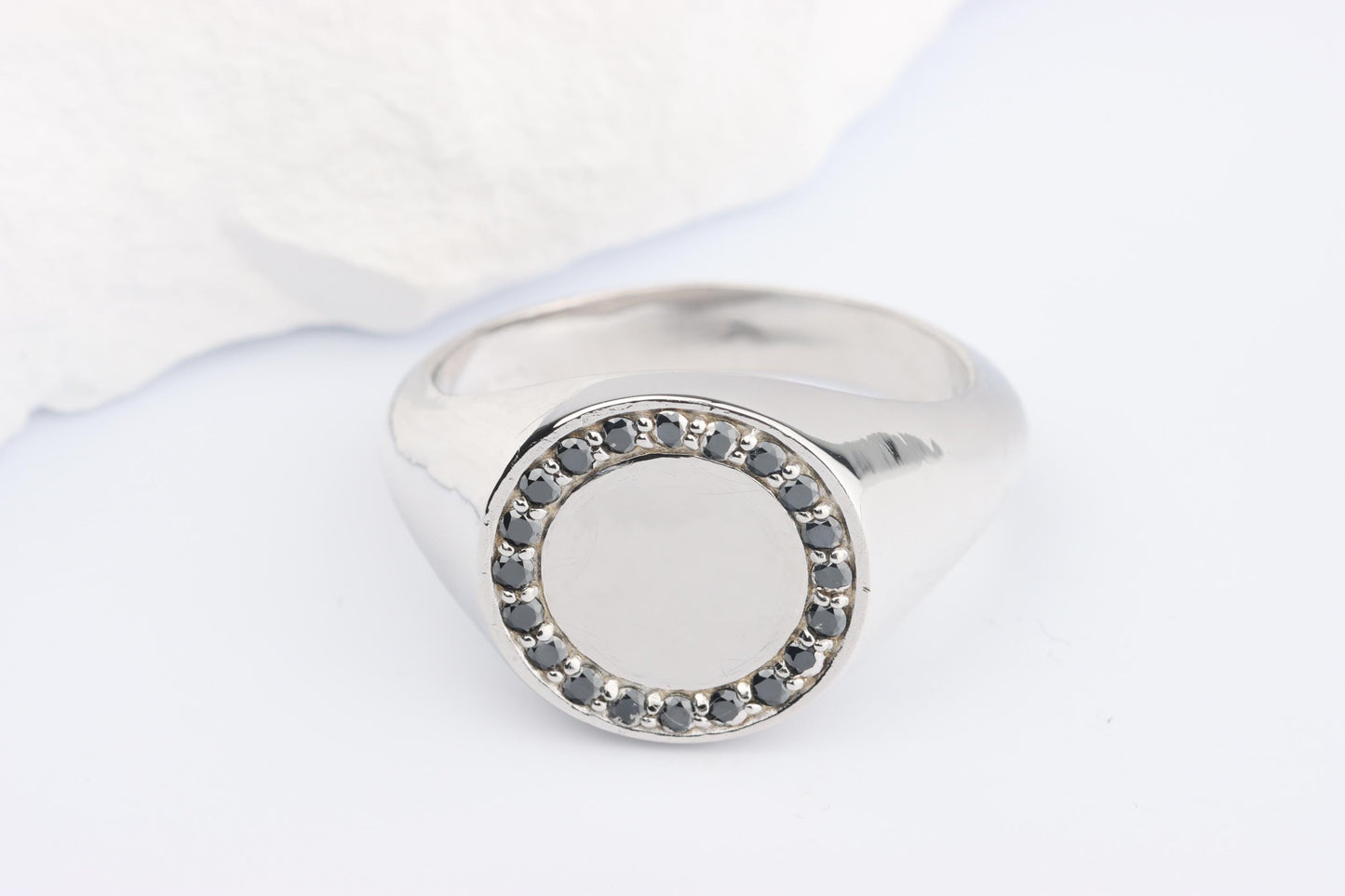 Silver Round Signet Ring set with Black Diamonds