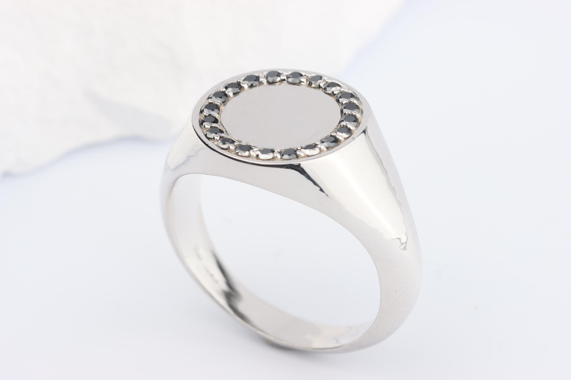Silver Round Signet Ring set with Black Diamonds