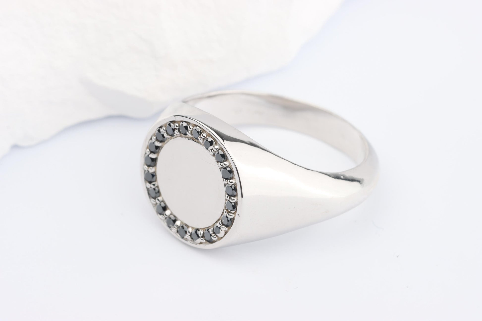 Silver Round Signet Ring set with Black Diamonds