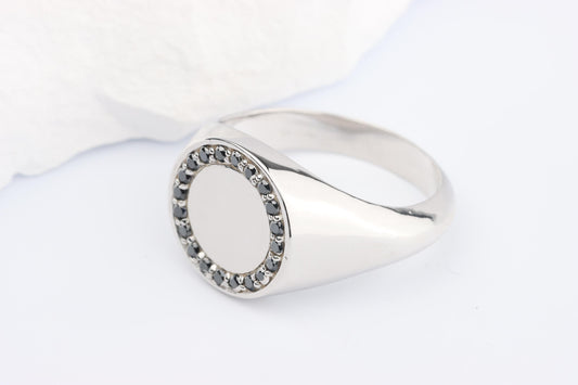 Silver Round Signet Ring set with Black Diamonds