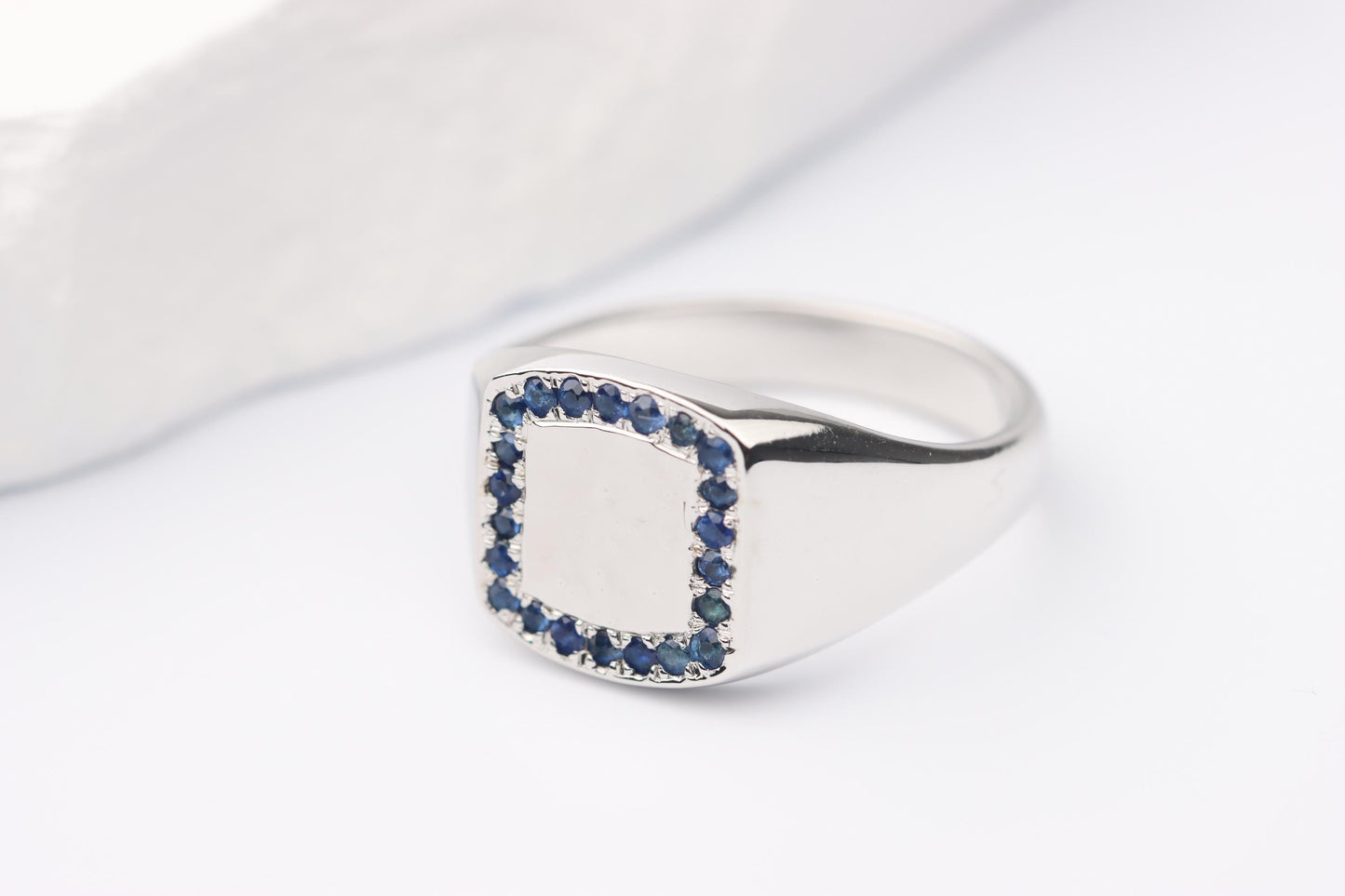 Silver Cushion Signet Ring set with Blue Sapphire Gemstones