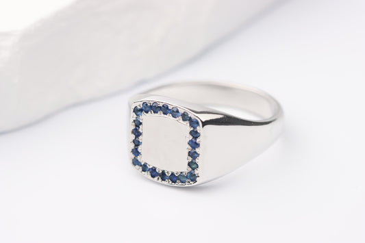 Silver Cushion Signet Ring set with Blue Sapphire Gemstones