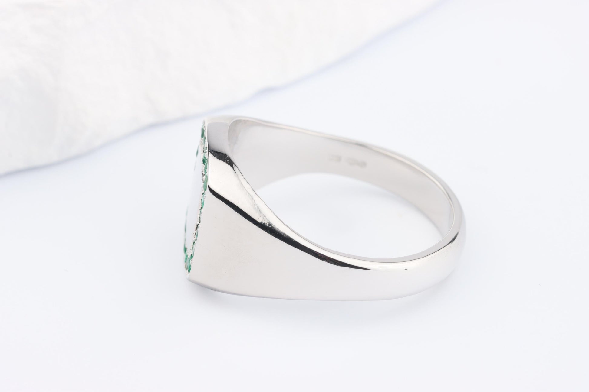 Silver Cushion Signet Ring set with Green Emerald Gemstones