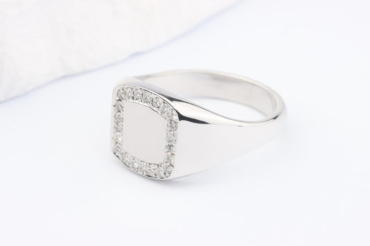Silver Cushion Signet Ring set with Lab Diamonds