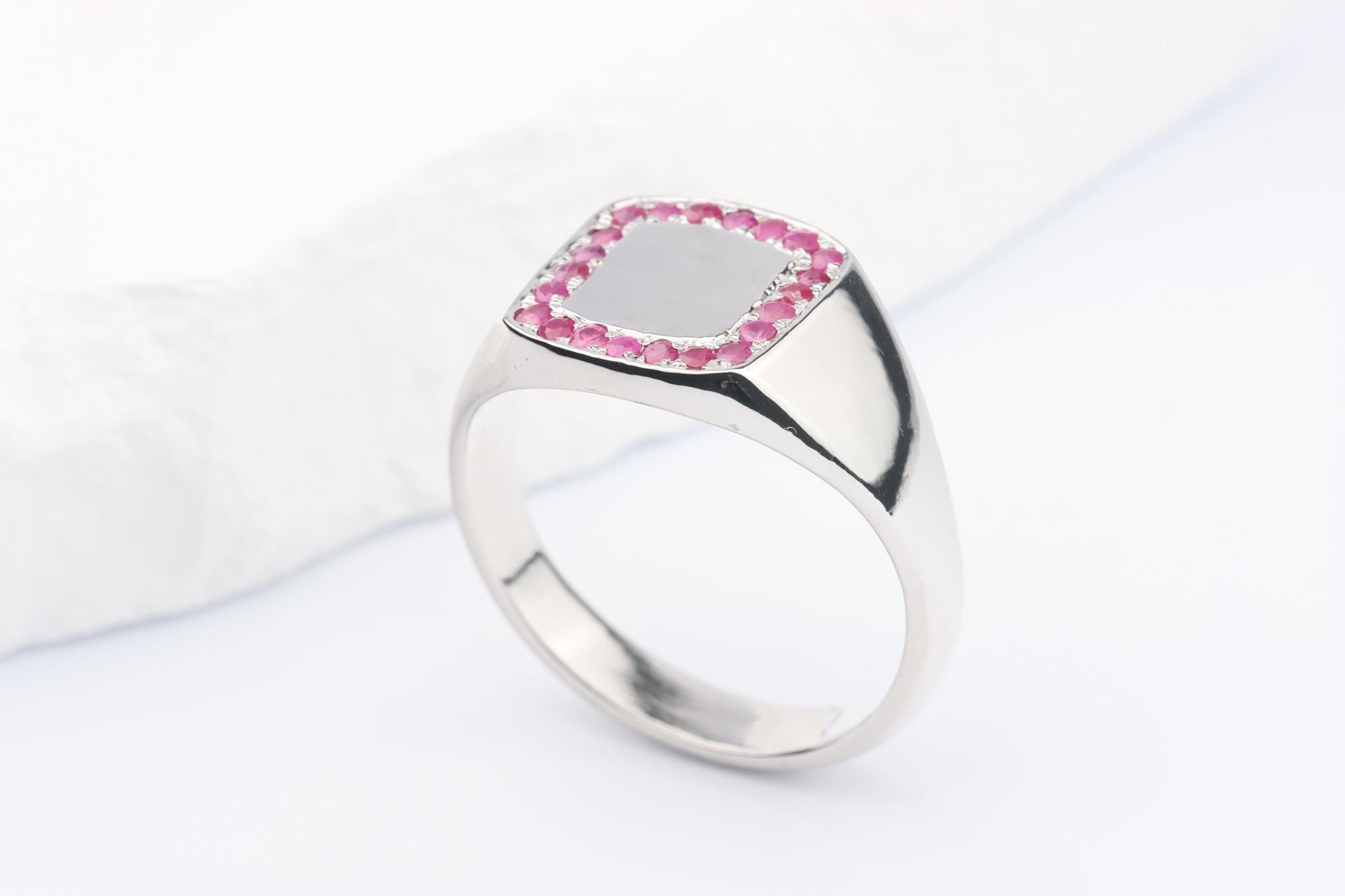 Silver Cushion Signet Ring set with Red Ruby Gemstones