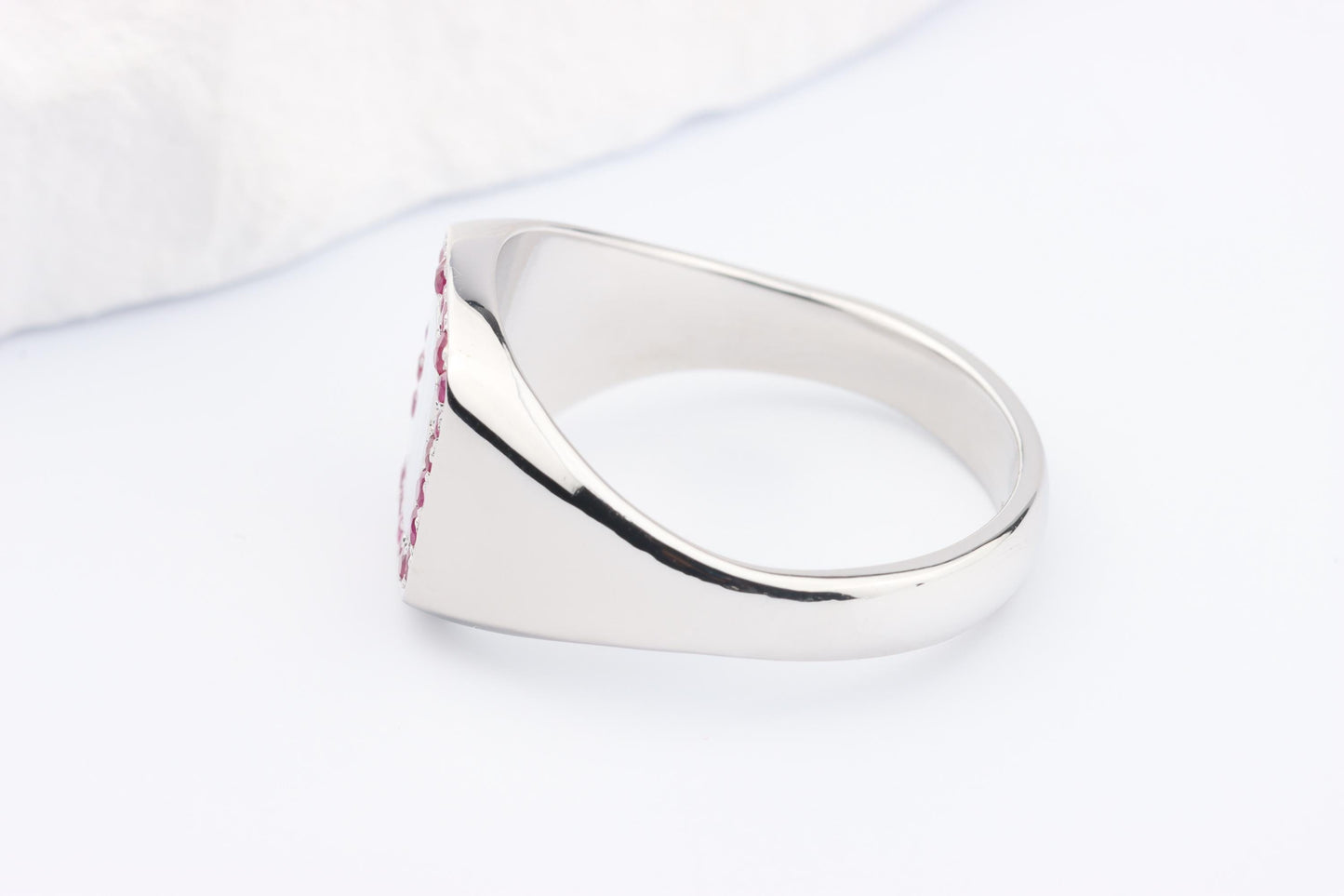 Silver Cushion Signet Ring set with Red Ruby Gemstones