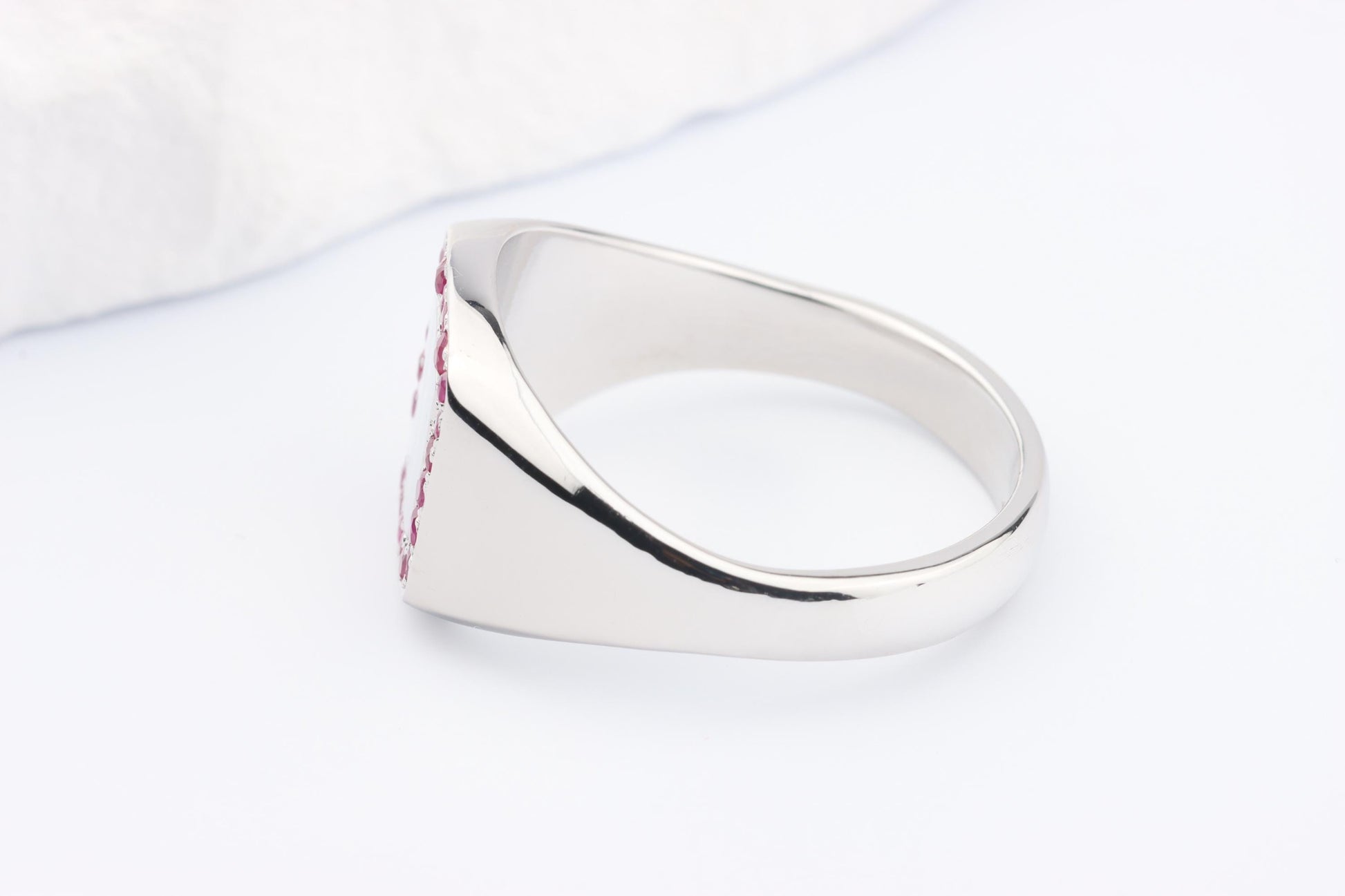 Silver Cushion Signet Ring set with Red Ruby Gemstones