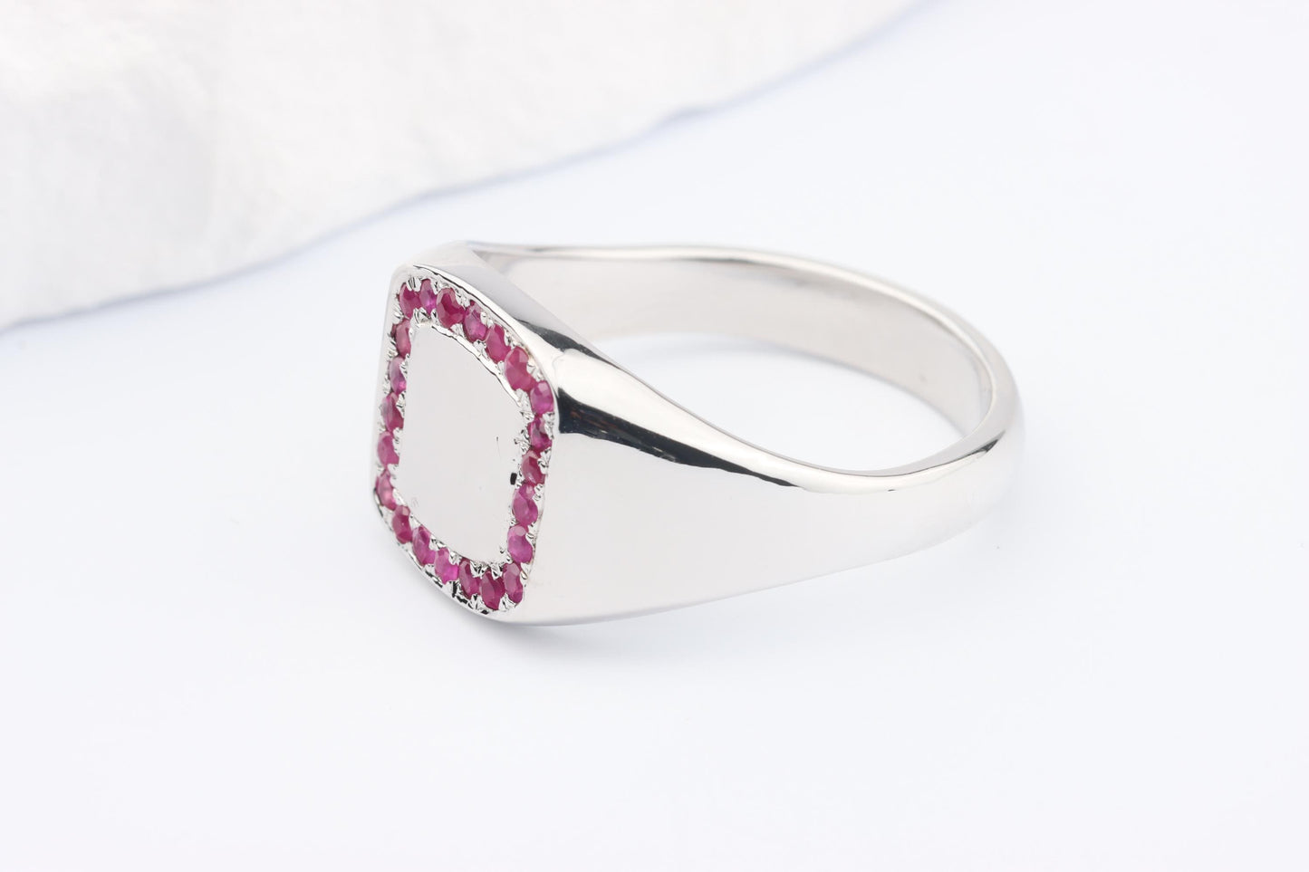 Silver Cushion Signet Ring set with Red Ruby Gemstones