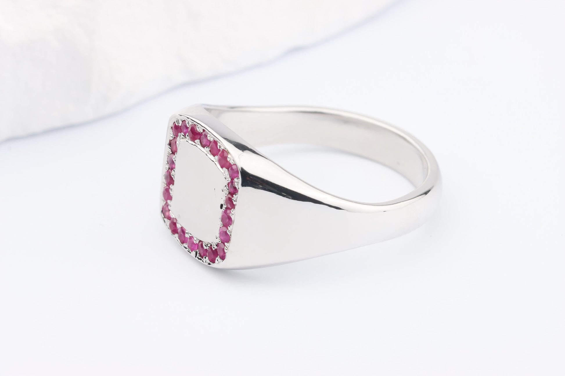 Silver Cushion Signet Ring set with Red Ruby Gemstones