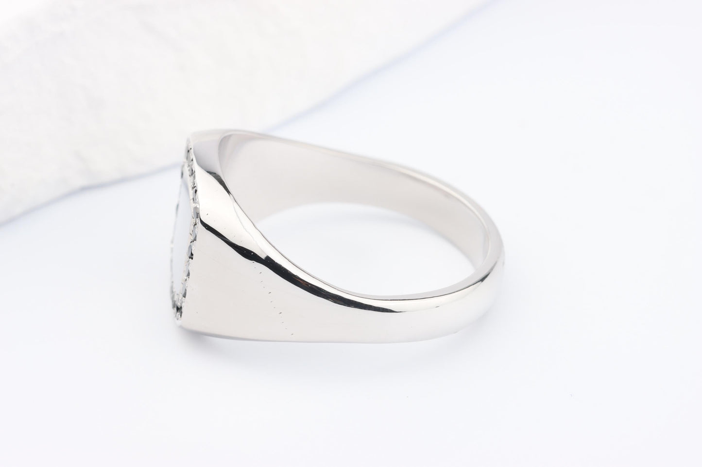Silver Cushion Signet Ring set with Black Diamonds