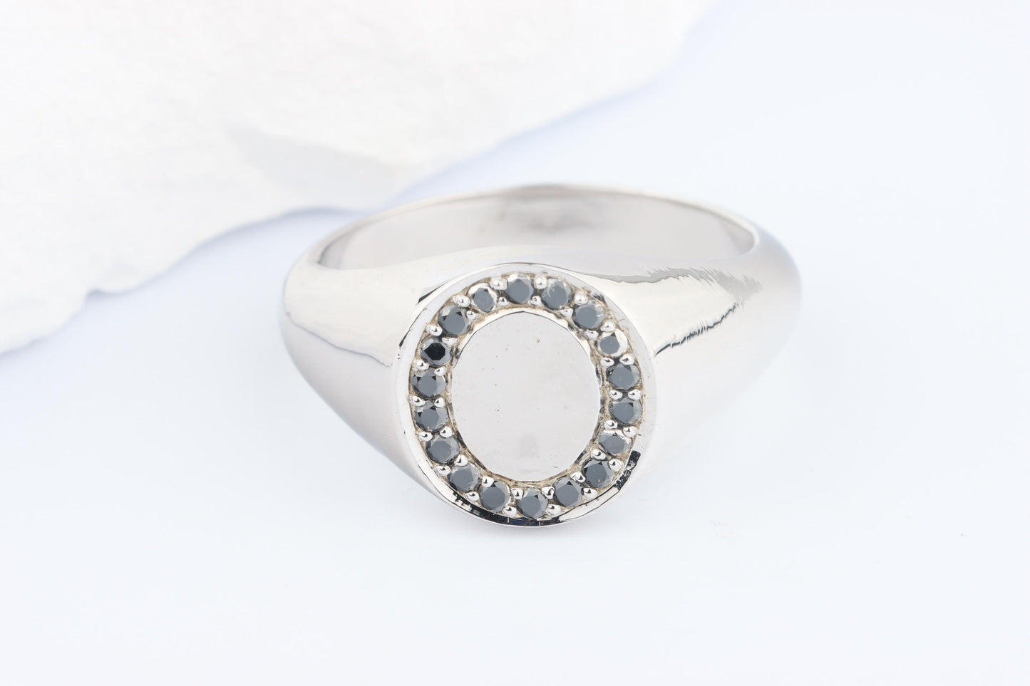 Silver Oval Signet Ring set with Black Diamonds