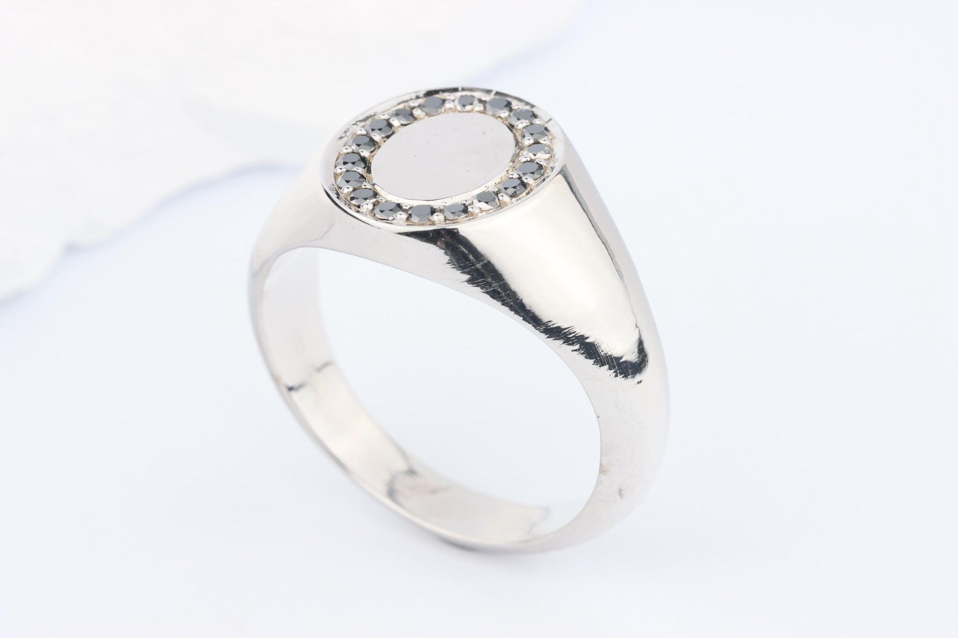 Silver Oval Signet Ring set with Black Diamonds