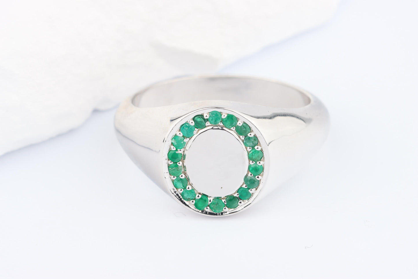 Silver Oval Signet Ring set with Green Emerald Gemstones