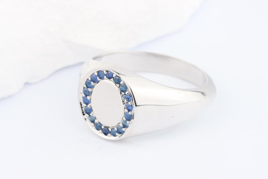 Silver Oval Signet Ring set with Blue Sapphire Gemstones