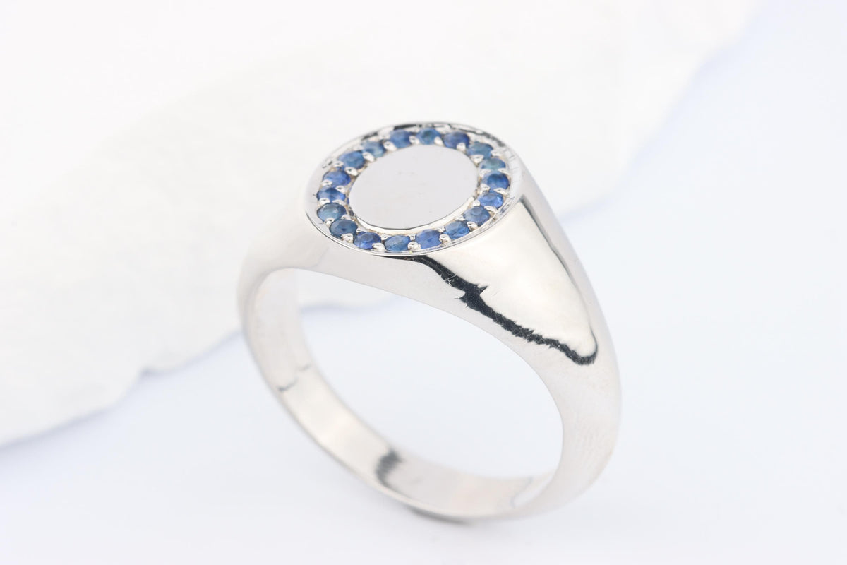 Silver Oval Signet Ring set with Blue Sapphire Gemstones