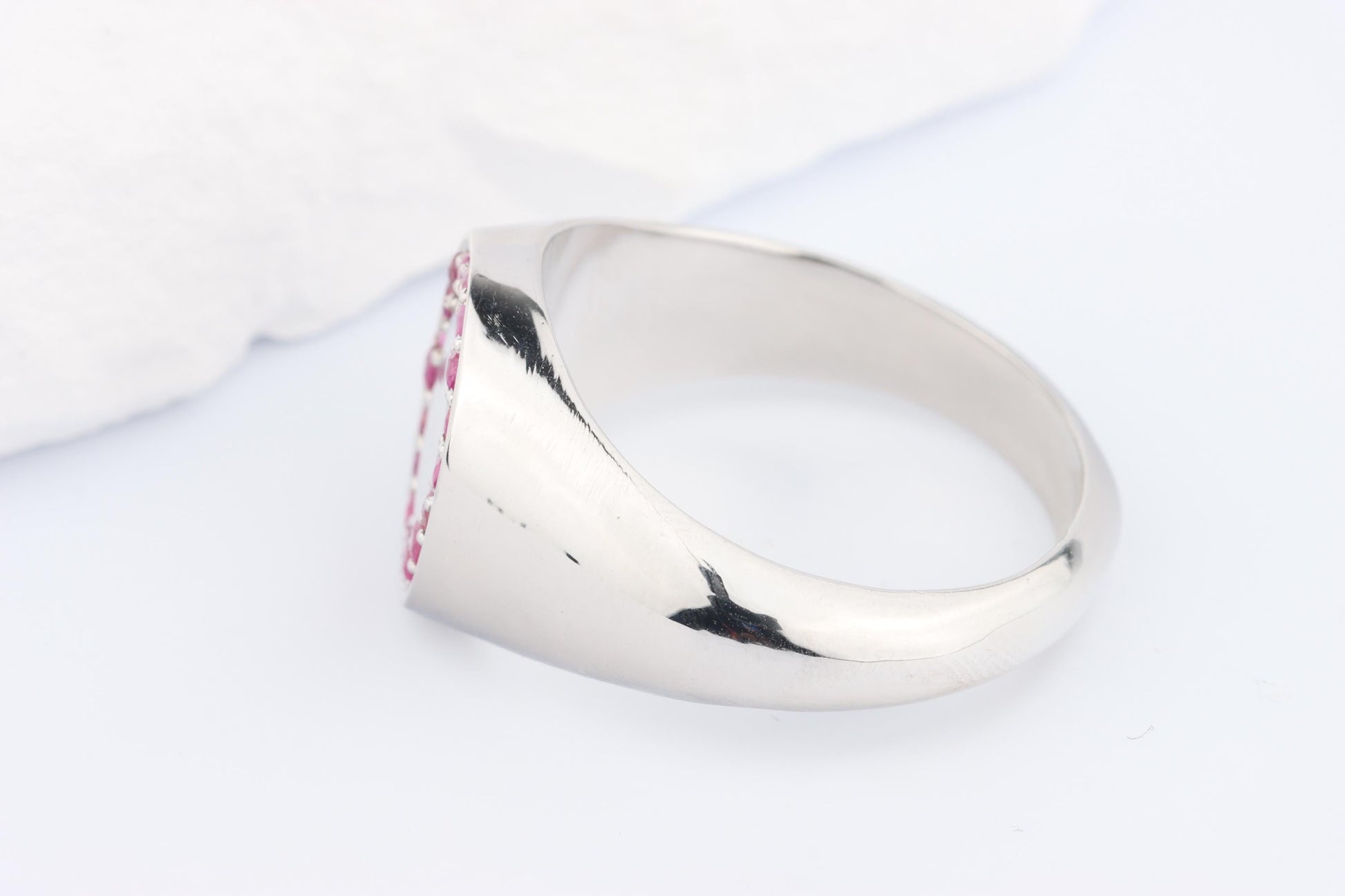 Silver Oval Signet Ring set with Pink Red Ruby Gemstones