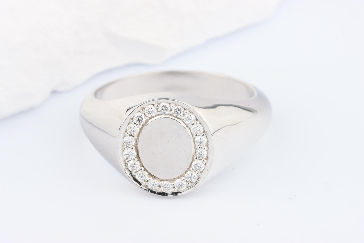 Silver Oval Signet Ring set with Lab Diamonds