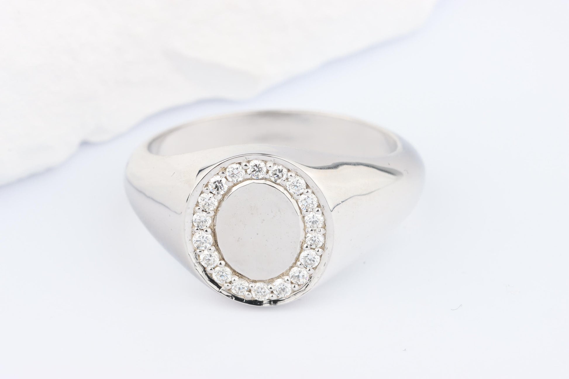 Silver Oval Signet Ring set with Lab Diamonds