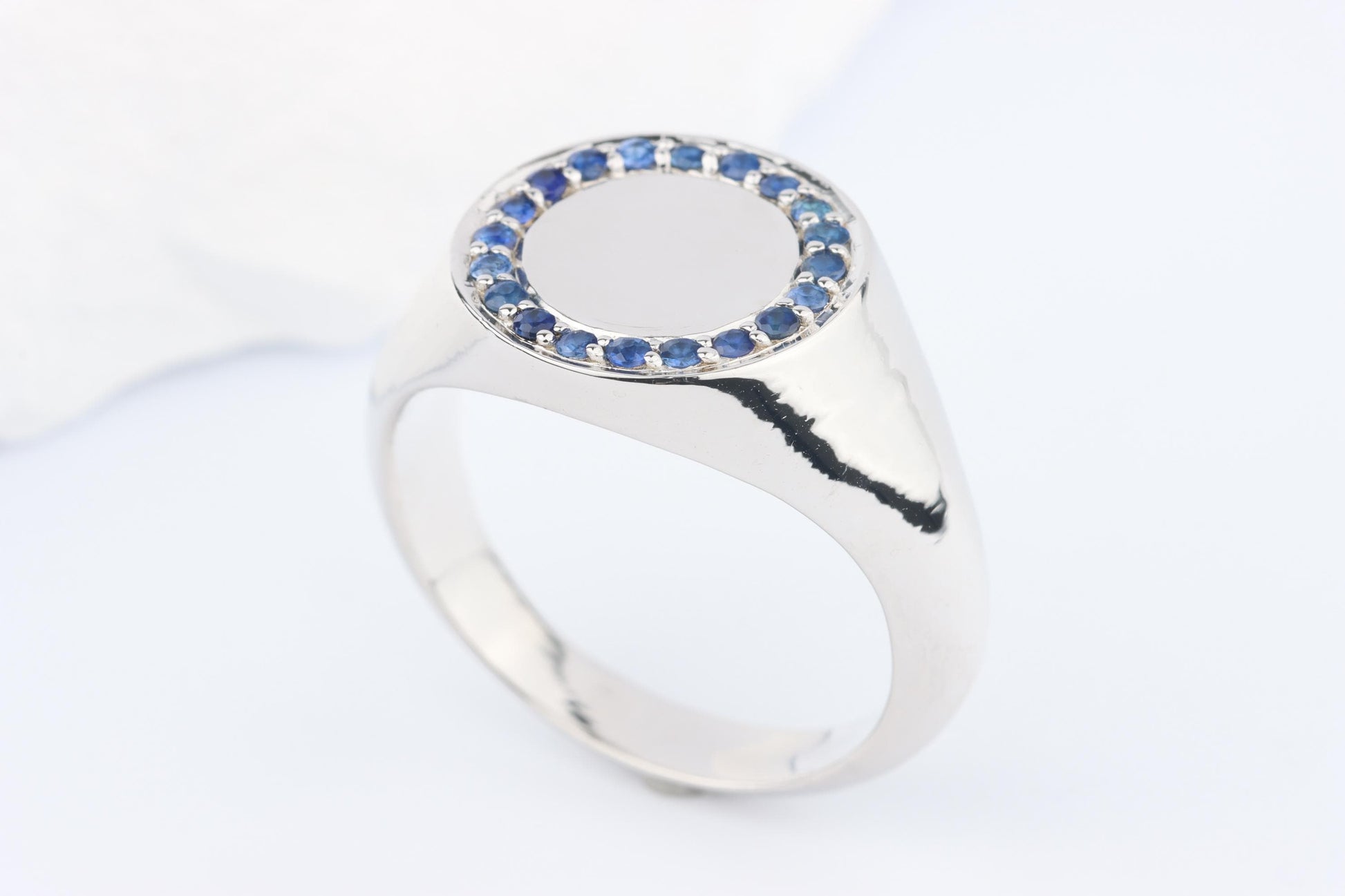 Silver Round Signet Ring set with Blue Sapphire Gemstones
