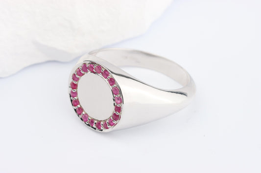 Silver Round Signet Ring set with Pink Red Ruby Gemstones