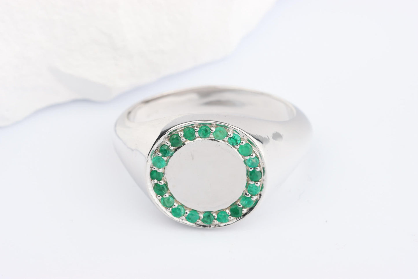 Silver Round Signet Ring set with Green Emerald Gemstones