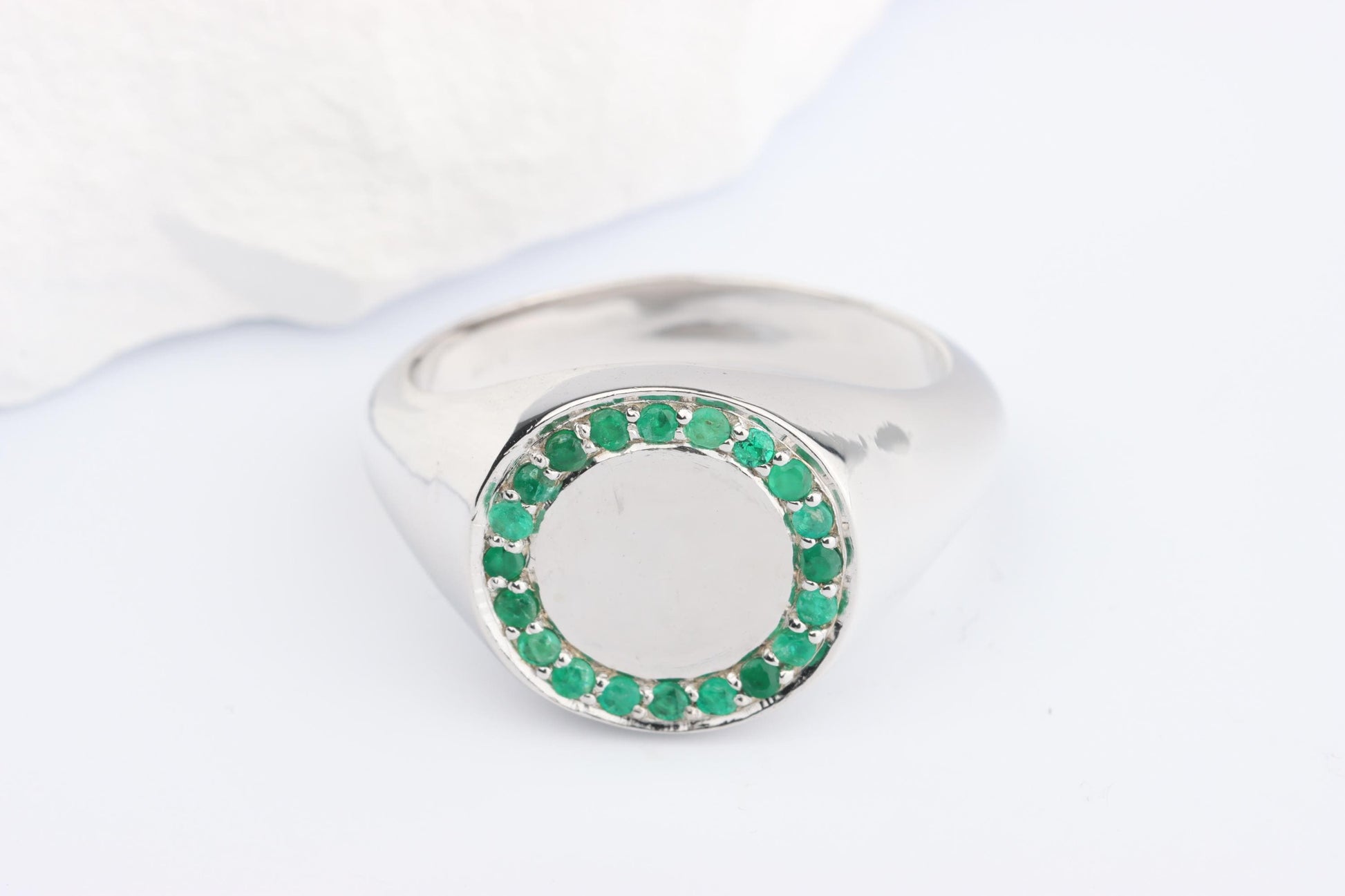 Silver Round Signet Ring set with Green Emerald Gemstones