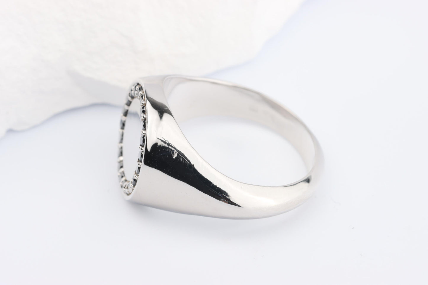 Silver Round Signet Ring set with Black Diamonds