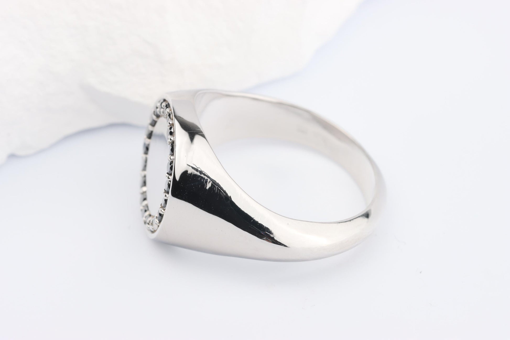 Silver Round Signet Ring set with Black Diamonds