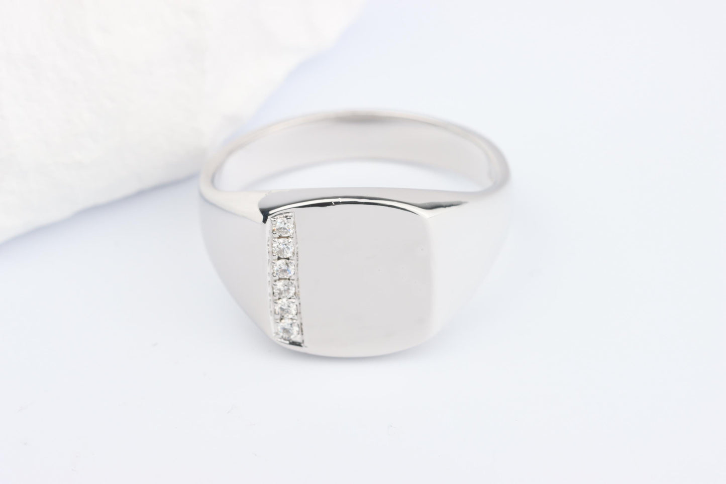Silver Cushion Signet Ring set with Lab Diamonds