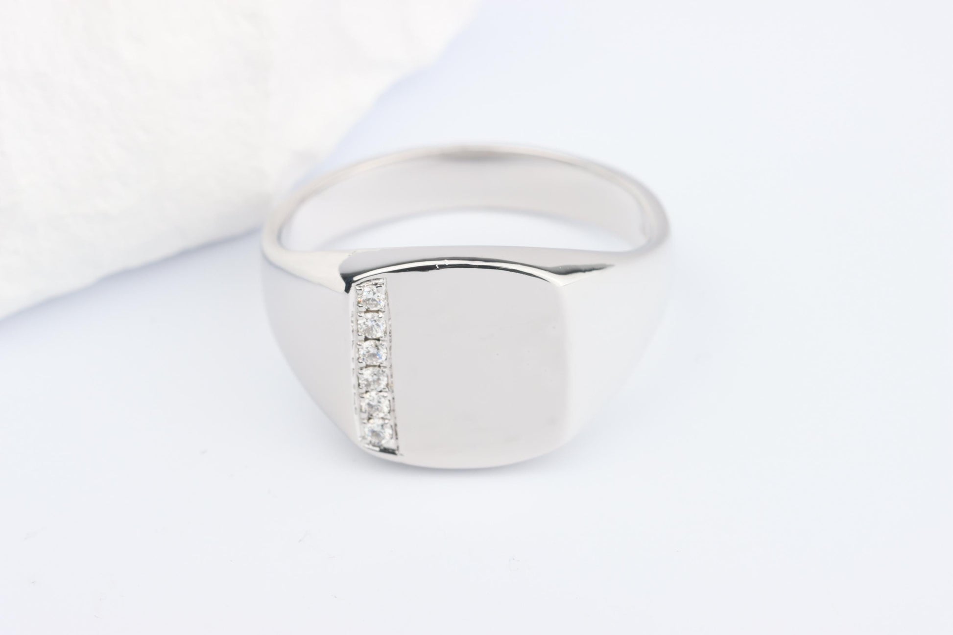 Silver Cushion Signet Ring set with Lab Diamonds