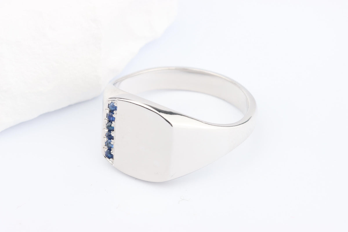 Silver Cushion Signet Ring set with Blue Sapphire Gemstones