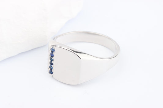 Silver Cushion Signet Ring set with Blue Sapphire Gemstones