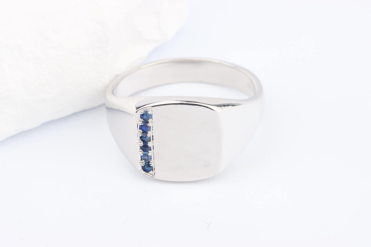 Silver Cushion Signet Ring set with Blue Sapphire Gemstones