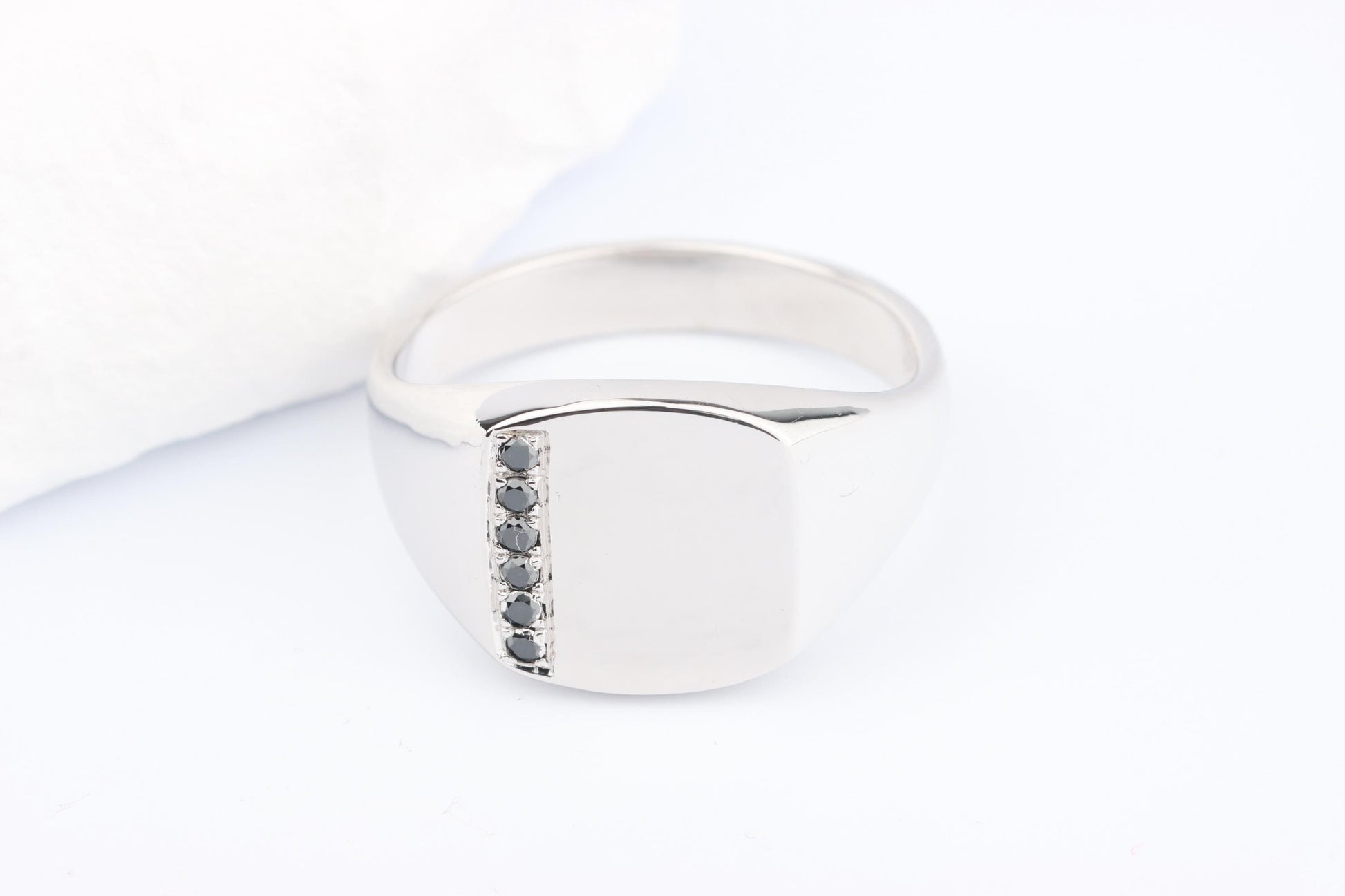 Silver Cushion Signet Ring set with Black Diamonds