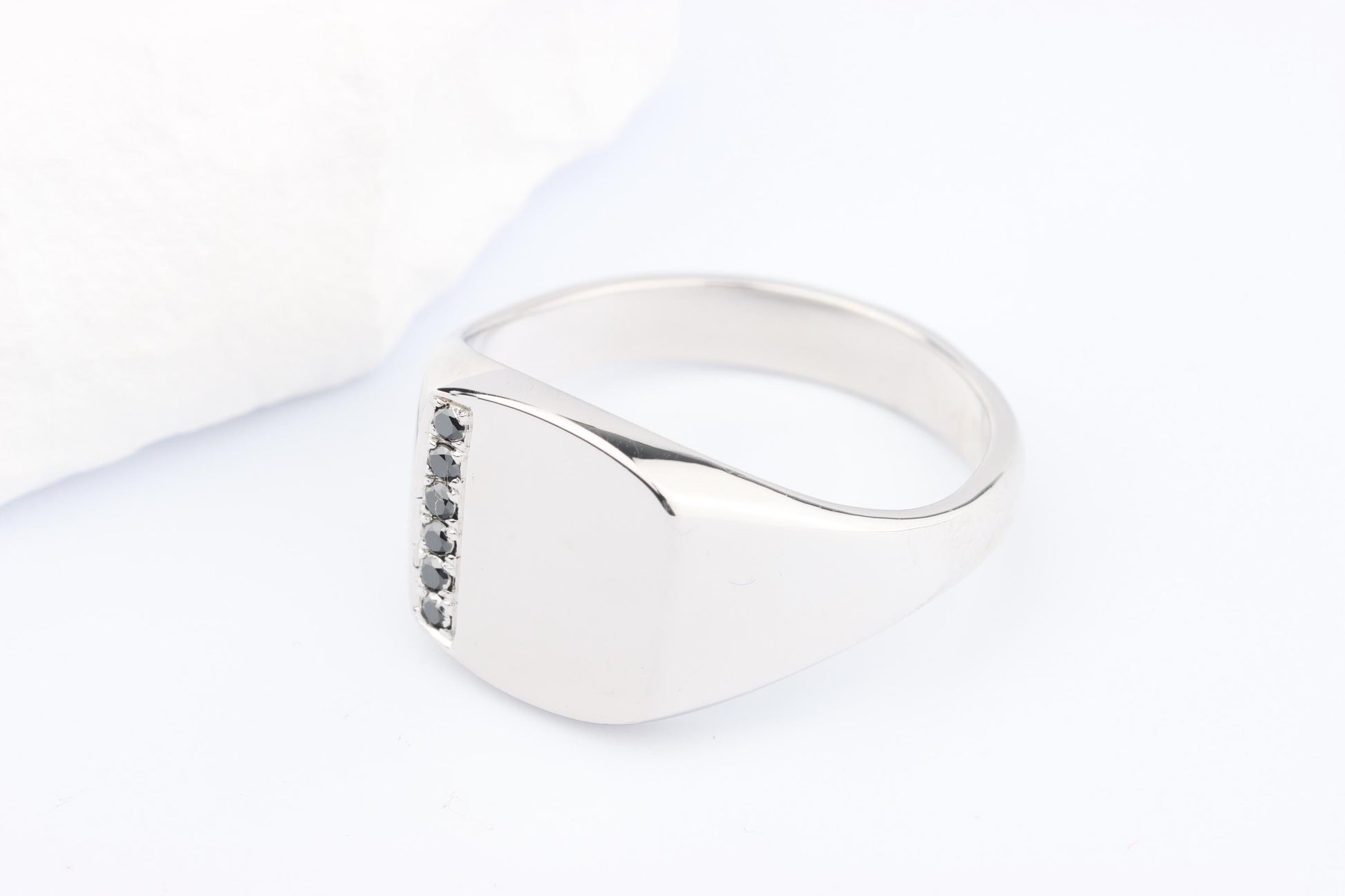 Silver Cushion Signet Ring set with Black Diamonds