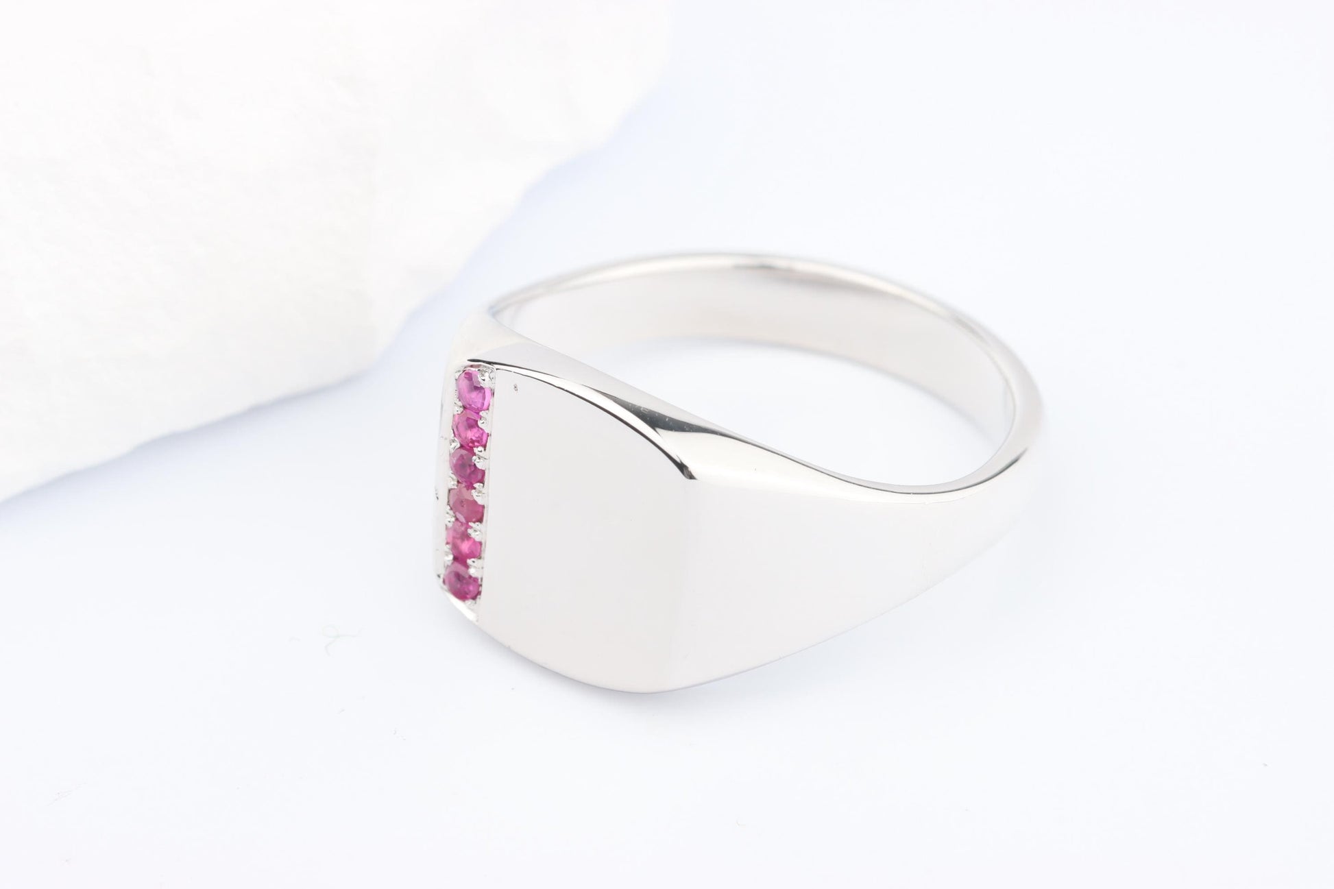 Silver Cushion Signet Ring set with Red Ruby Gemstones