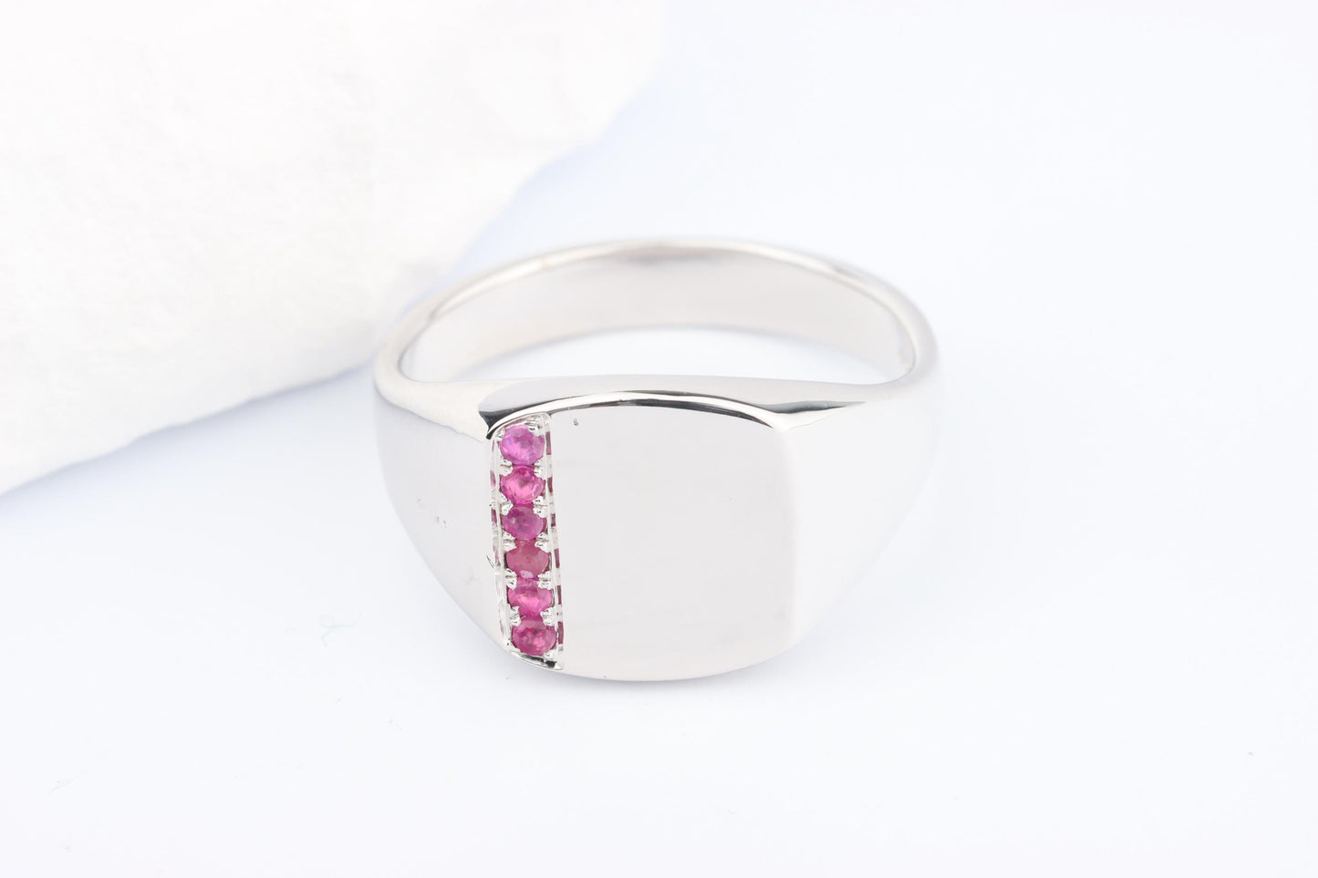 Silver Cushion Signet Ring set with Red Ruby Gemstones