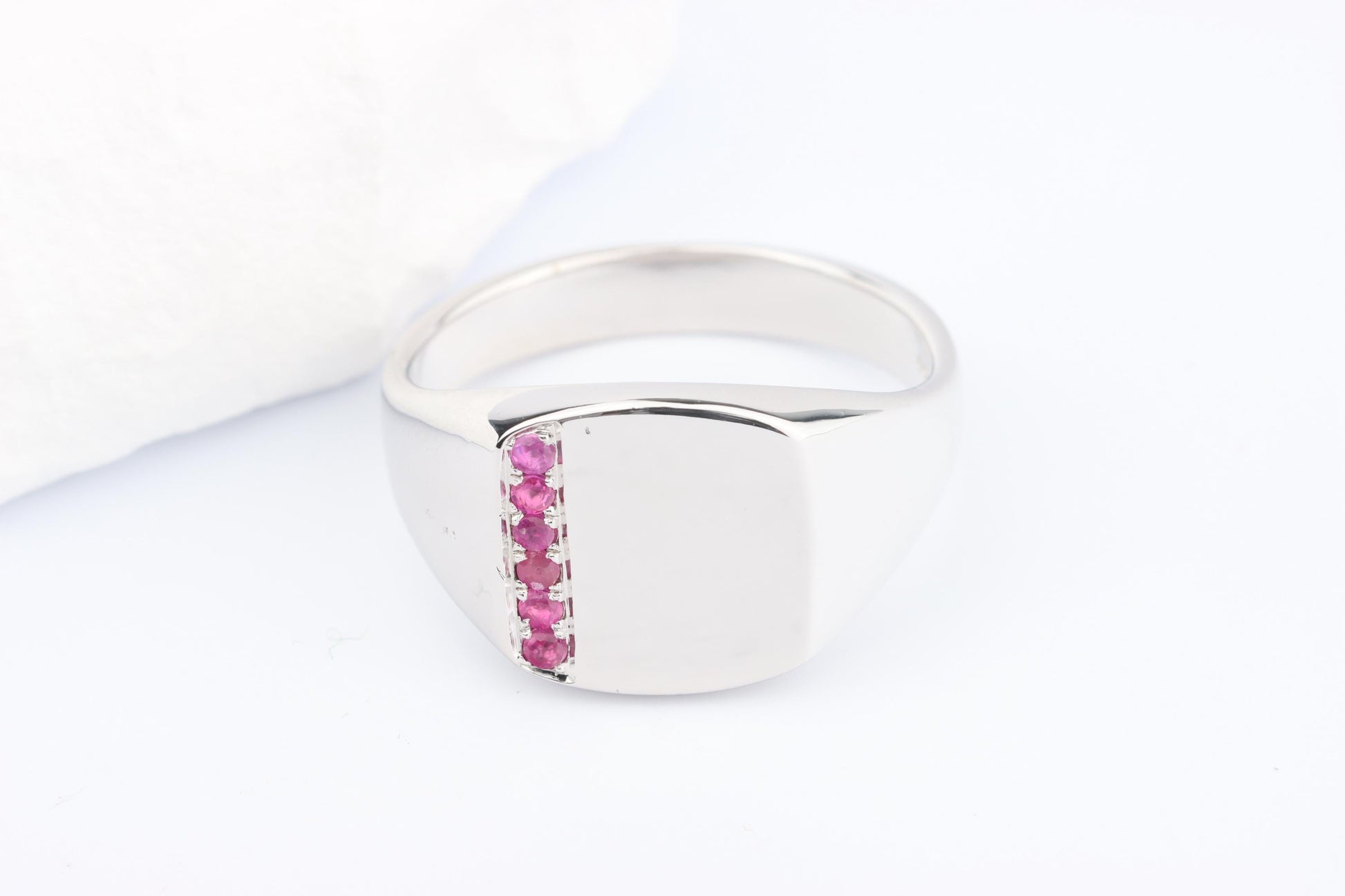 Silver Cushion Signet Ring set with Red Ruby Gemstones