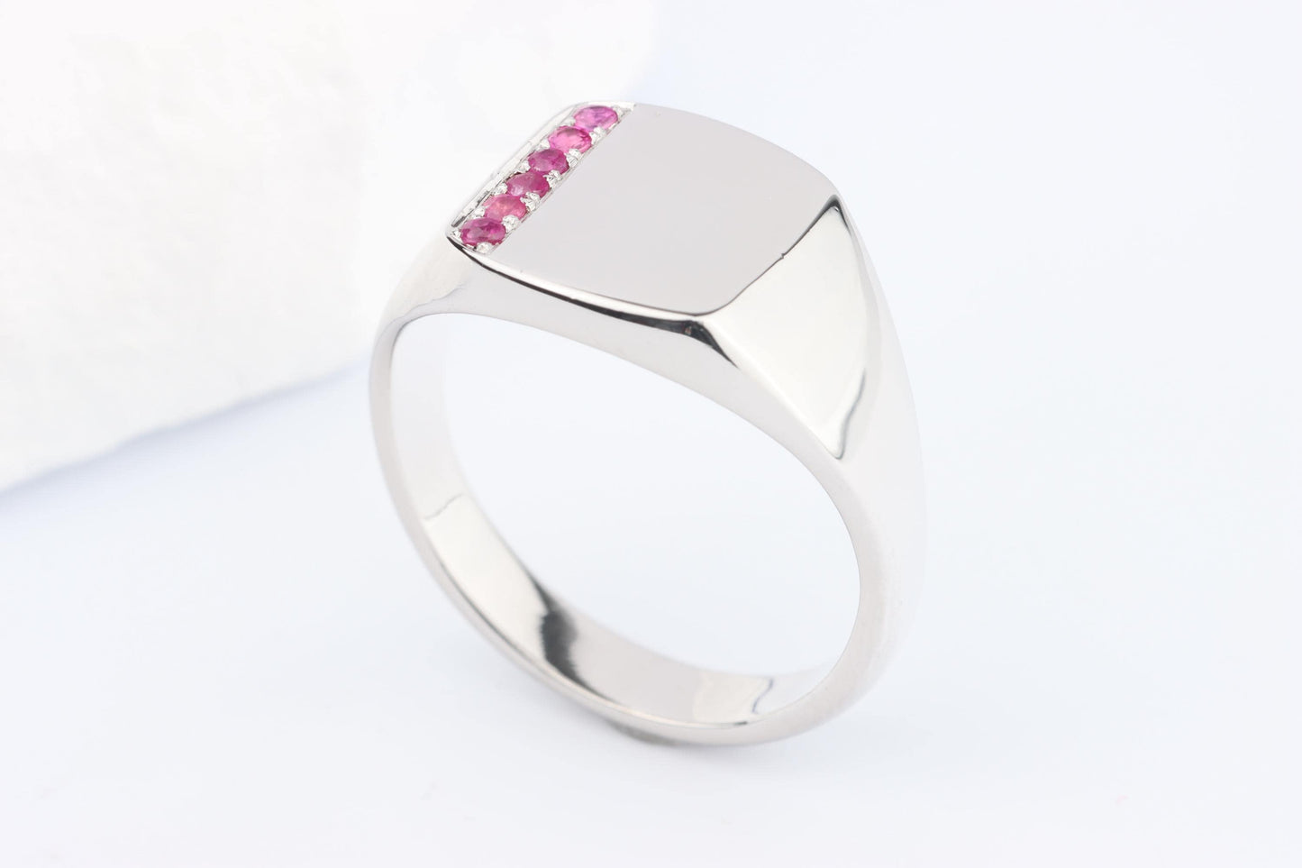 Silver Cushion Signet Ring set with Red Ruby Gemstones