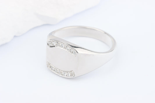 Silver Cushion Signet Ring set with Lab Diamonds