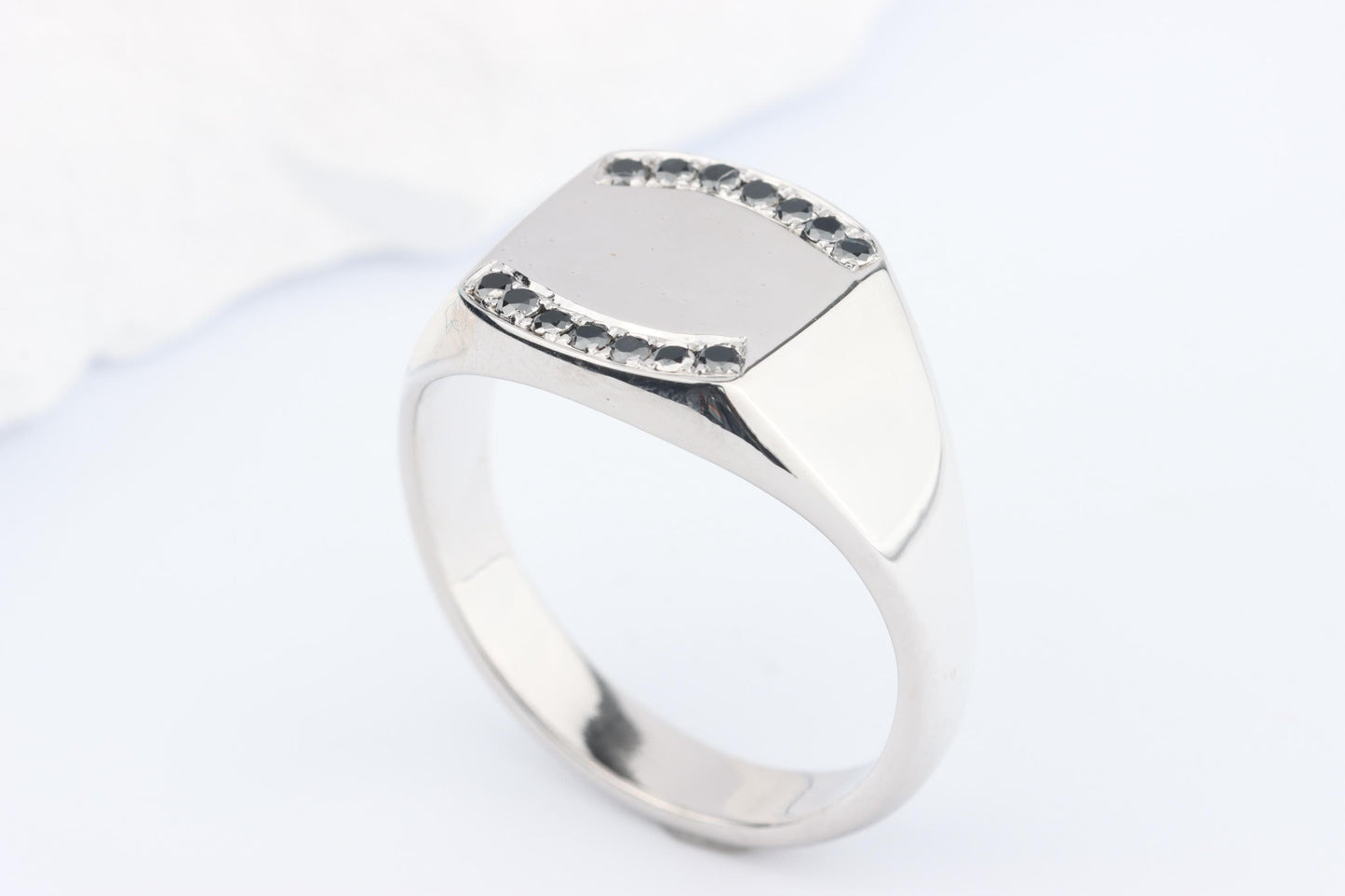 Silver Cushion Signet Ring set with Black Diamonds