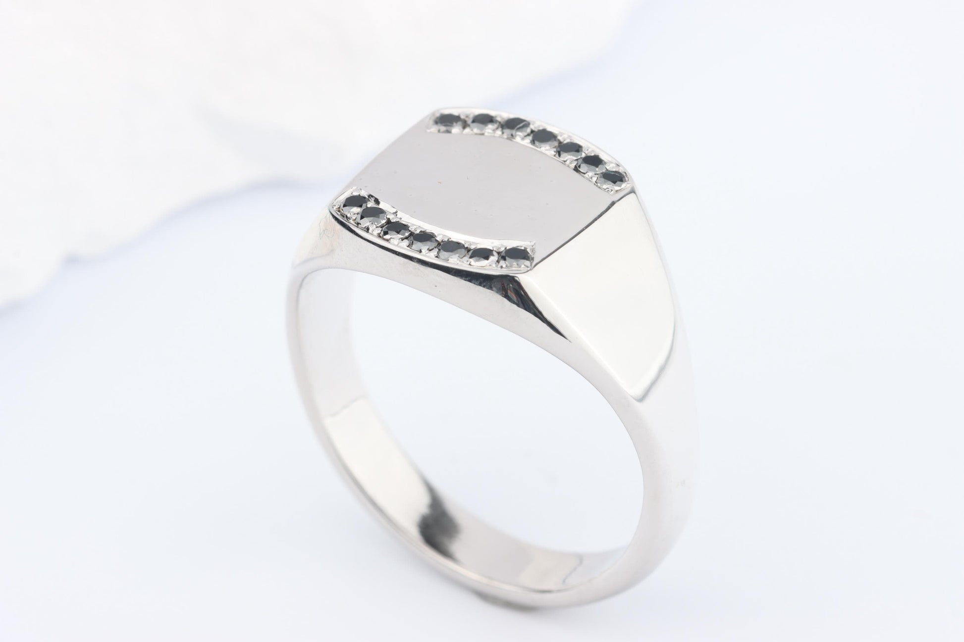 Silver Cushion Signet Ring set with Black Diamonds