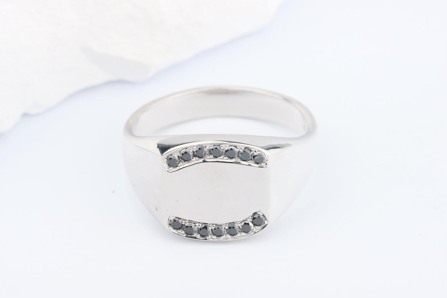 Silver Cushion Signet Ring set with Black Diamonds