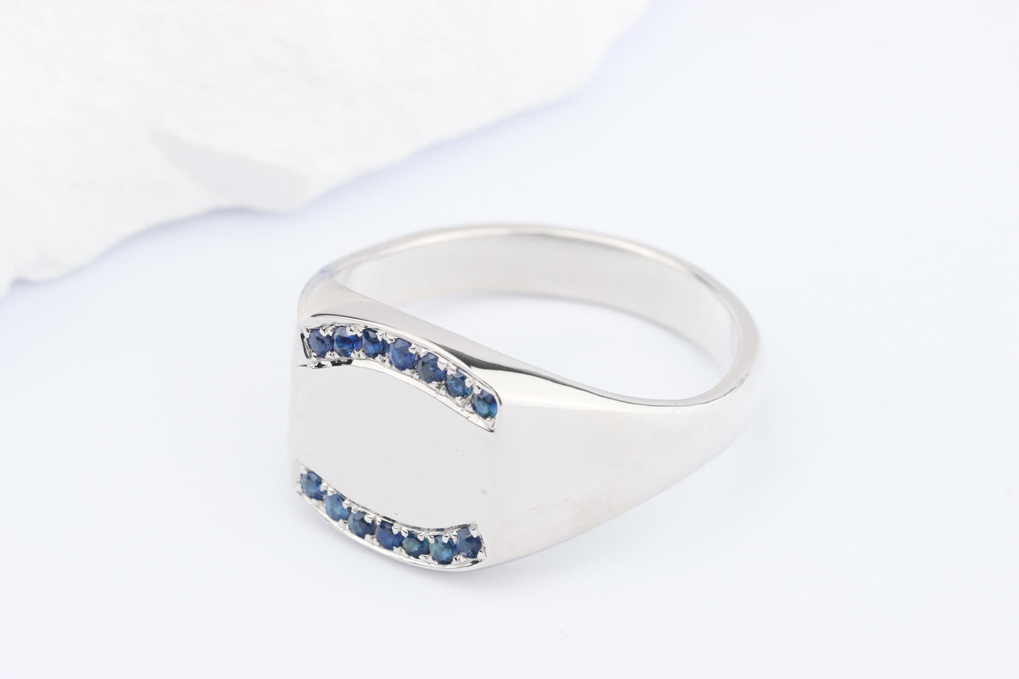 Silver Cushion Signet Ring set with Blue Sapphire Gemstones
