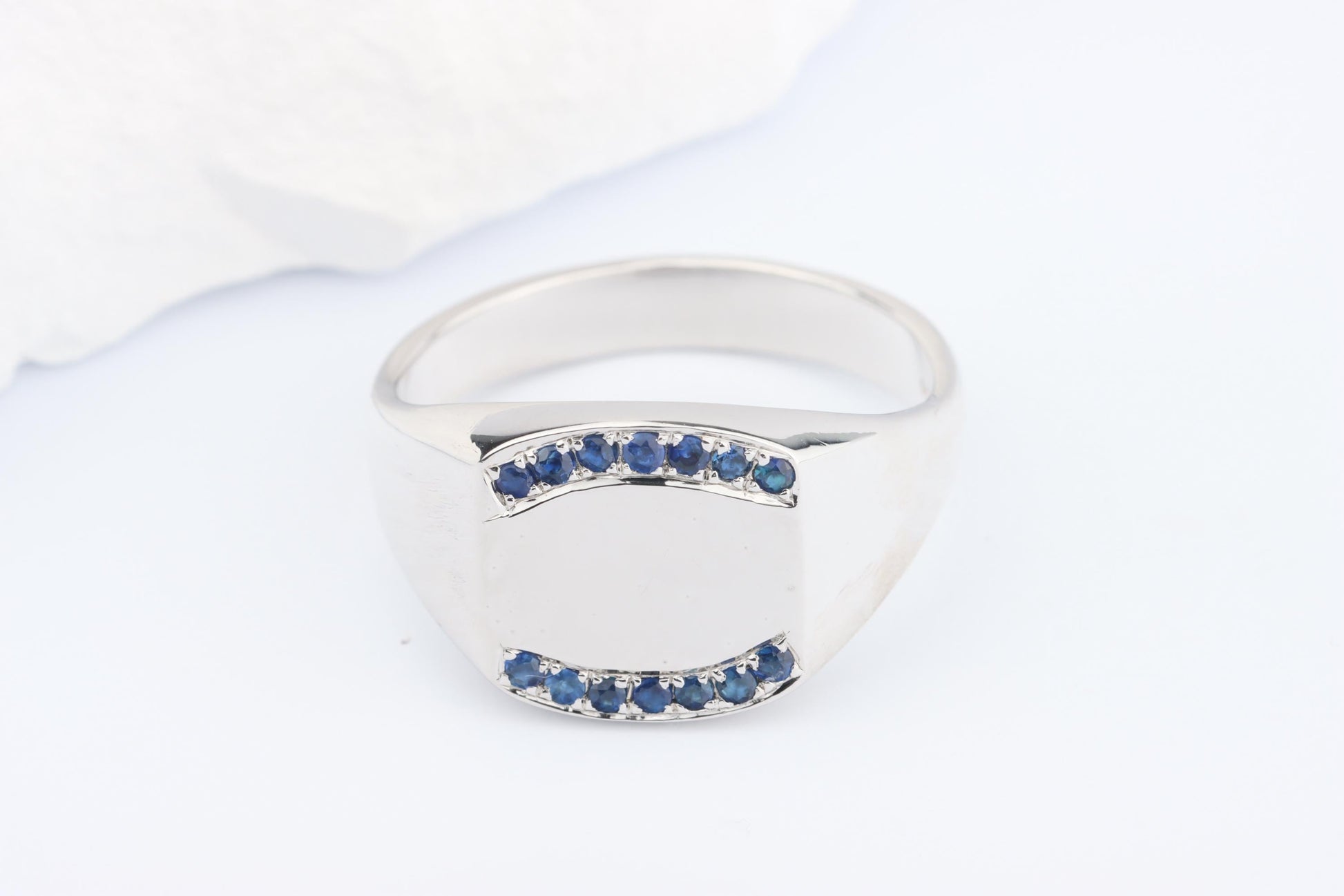 Silver Cushion Signet Ring set with Blue Sapphire Gemstones