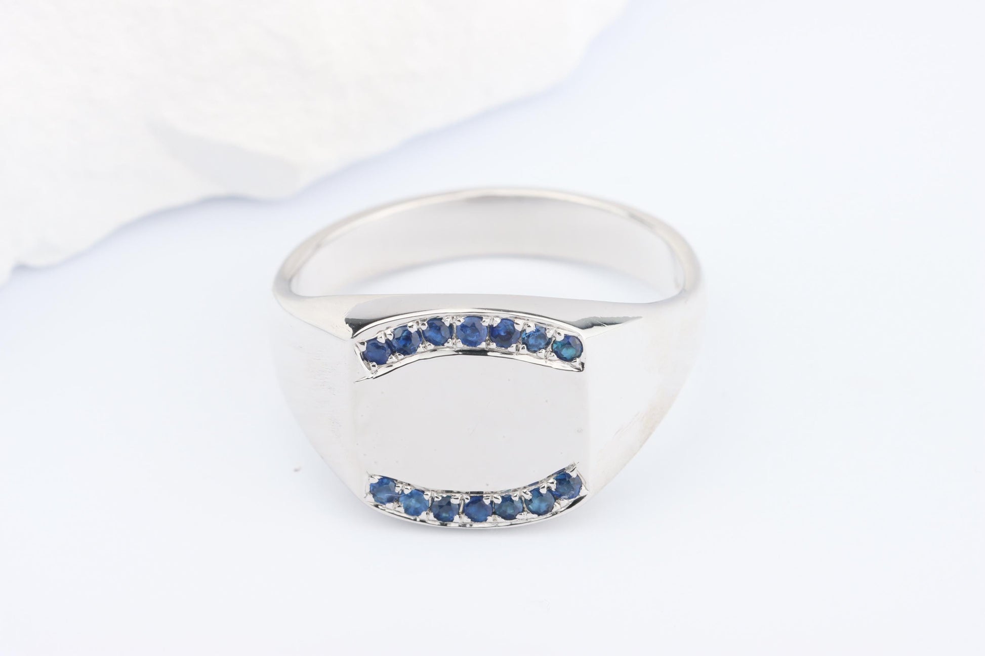 Silver Cushion Signet Ring set with Blue Sapphire Gemstones