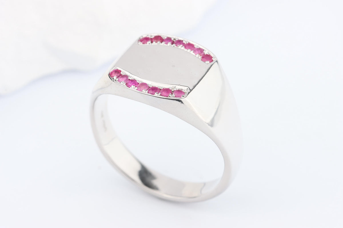 Silver Cushion Signet Ring set with Red Ruby Gemstones