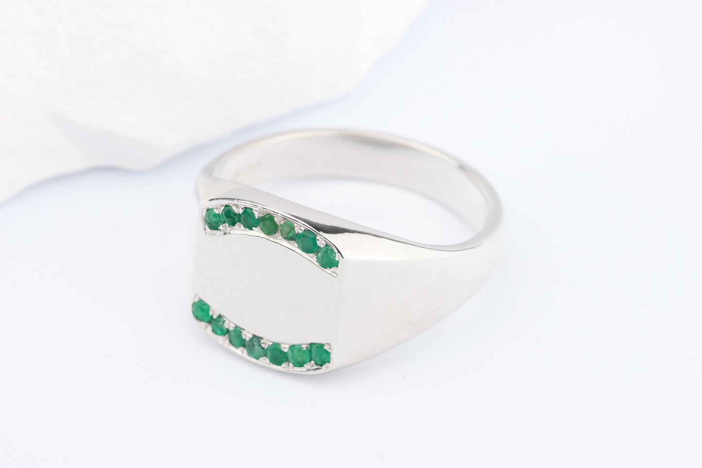 Silver Cushion Signet Ring set with Green Emerald Gemstones