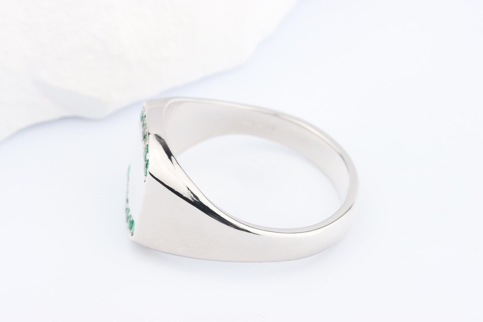 Silver Cushion Signet Ring set with Green Emerald Gemstones