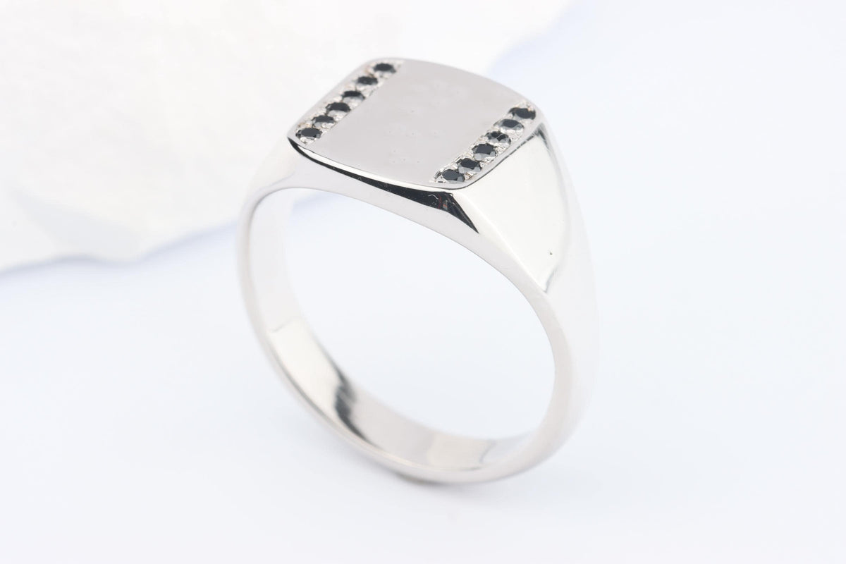 Silver Cushion Signet Ring set with Black Diamonds